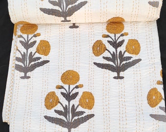 Handmade Kantha Quilt: Yellow Floral Embroidery, Bohemian Cotton Blanket