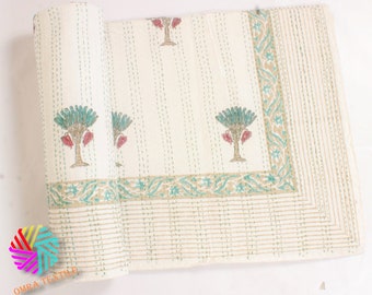 Kantha Throw With Blue Floral Block Print Quilt, Teal Palm Tree Cotton Bedspread, Handmade Jaipur Stitch, Boho Coastal Bedding