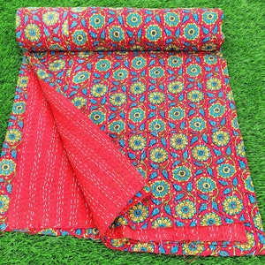 Red Floral Kantha Quilt: Hand Block Print Cotton Queen Bedspread
