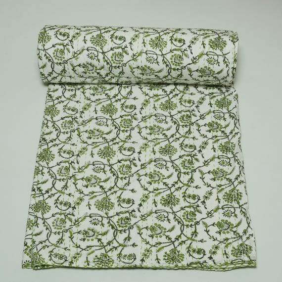 Indian Block print blanket With Green Floral – Pure Cotton Lightweight Kantha Quilt, Soft Hand-Stitched Bed Throw, cozy home Decor Quilt