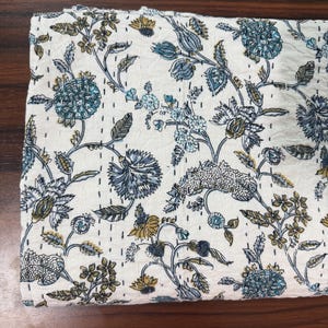 Blue Floral Block Print Kantha Quilt, Handmade Cotton Bedspread, White Base Indigo Boho Bedding