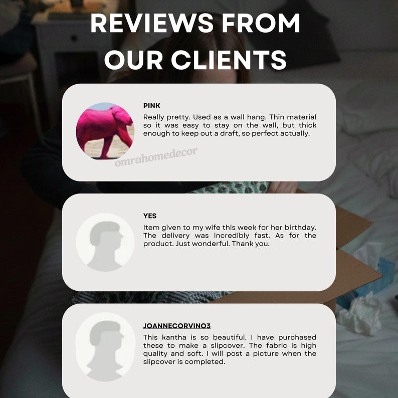 K&ouml;nnte beinhalten: Bild von Kundenrezensionen. Der Text oben lautet &bdquo;REVIEWS FROM OUR CLIENTS&ldquo;. Die Bewertungen befinden sich in wei&szlig;en K&auml;stchen mit einem rosa Elefanten, einer Silhouette und einer weiteren Silhouette. Die Bewertungen stammen von Pink, Yes und Joannecorvino3.