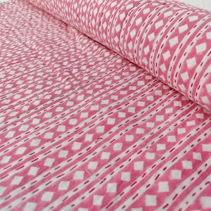 Pink Geometric Kantha Quilt Throw – Handmade Cotton Block Print Bedding, Boho Bedspread Blanket