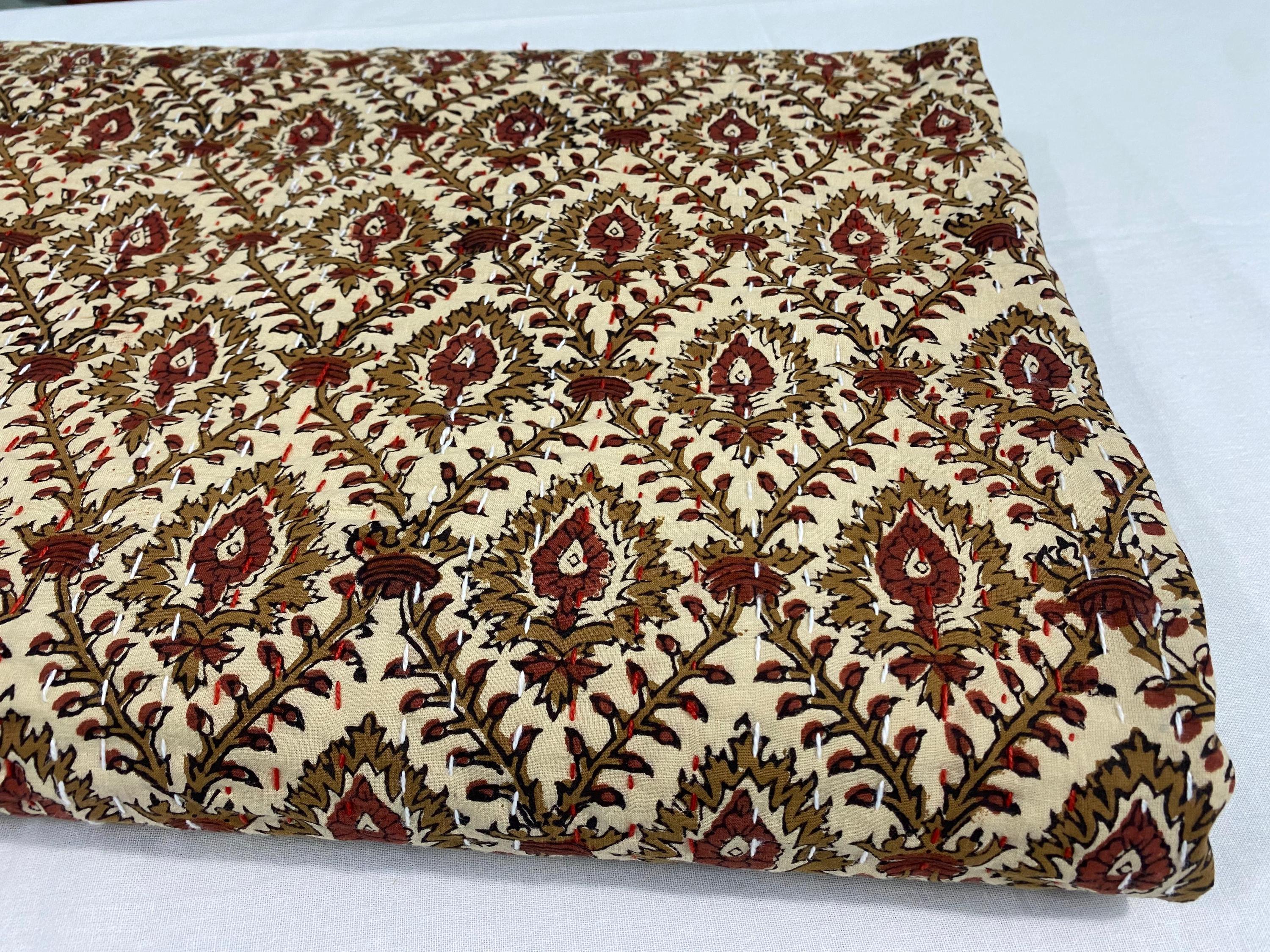 Handmade Brown Floral Kantha Quilt: Indian Cotton Bedspread