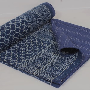 Indigo Blue Block Print Kantha Quilt: Scallop Pattern Cotton Bedspread