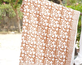 Kantha Blanket Brown Floral Block Print Kantha Quilt Handmade Cotton Throw Bedspread Boho Quilt Queen King Size