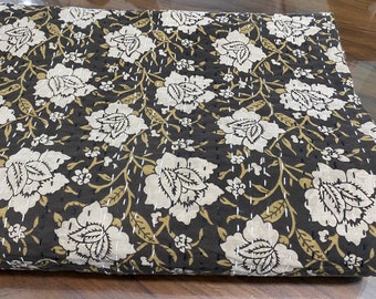 Kantha Throw Black Floral Block Print Quilt | Handmade Cotton Bedspread Blanket | Vintage Boho Indian Bedding