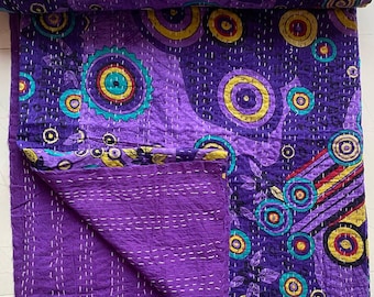 Indian kantha Purple Peacock Quilt, Handmade Cotton Blanket,Block Print Bedspread, Boho Bedding, Artisan Bedspread