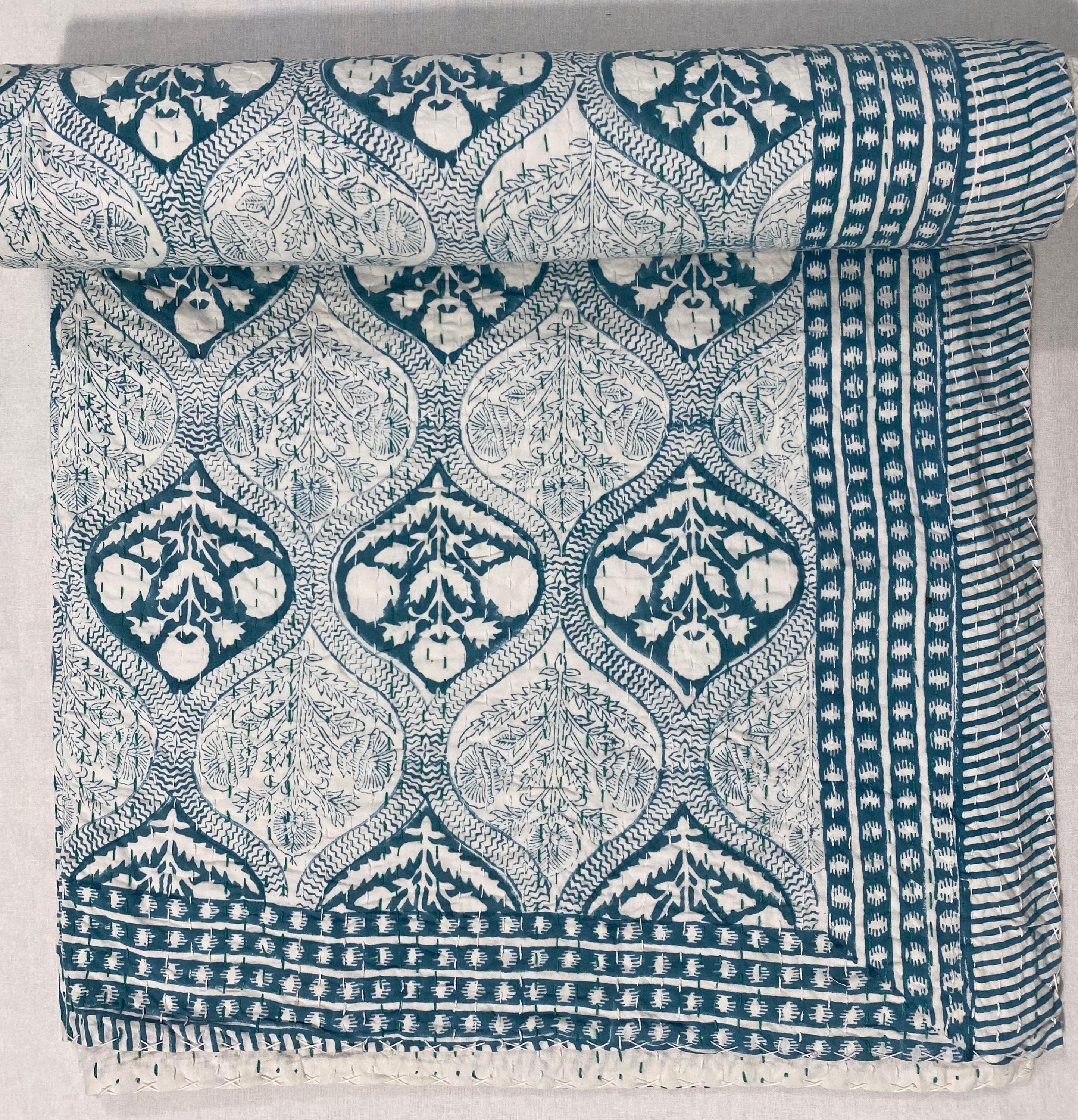 Hand Stitched Teal Kantha Quilt: Floral Bohemian Bedspread
