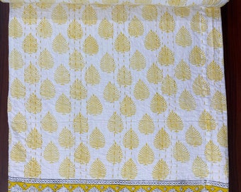 Yellow Leaf Block Print Kantha Quilt, Handmade Cotton Bedspread, Reversible Indian Quilt, Boho Bedding Throw, Jaipur Artisan Quilt