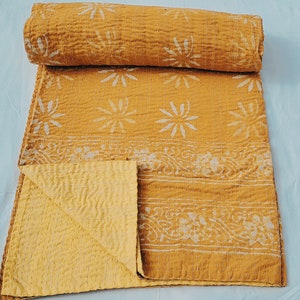 Mustard Yellow Kantha Quilt: Handmade Floral Block Print Cotton Bedspread
