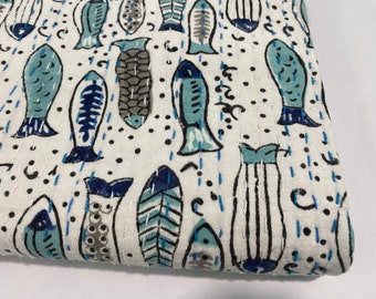 Handmade Fish pattern Kantha Quilt: Coastal Fish & Floral Throw Blanket