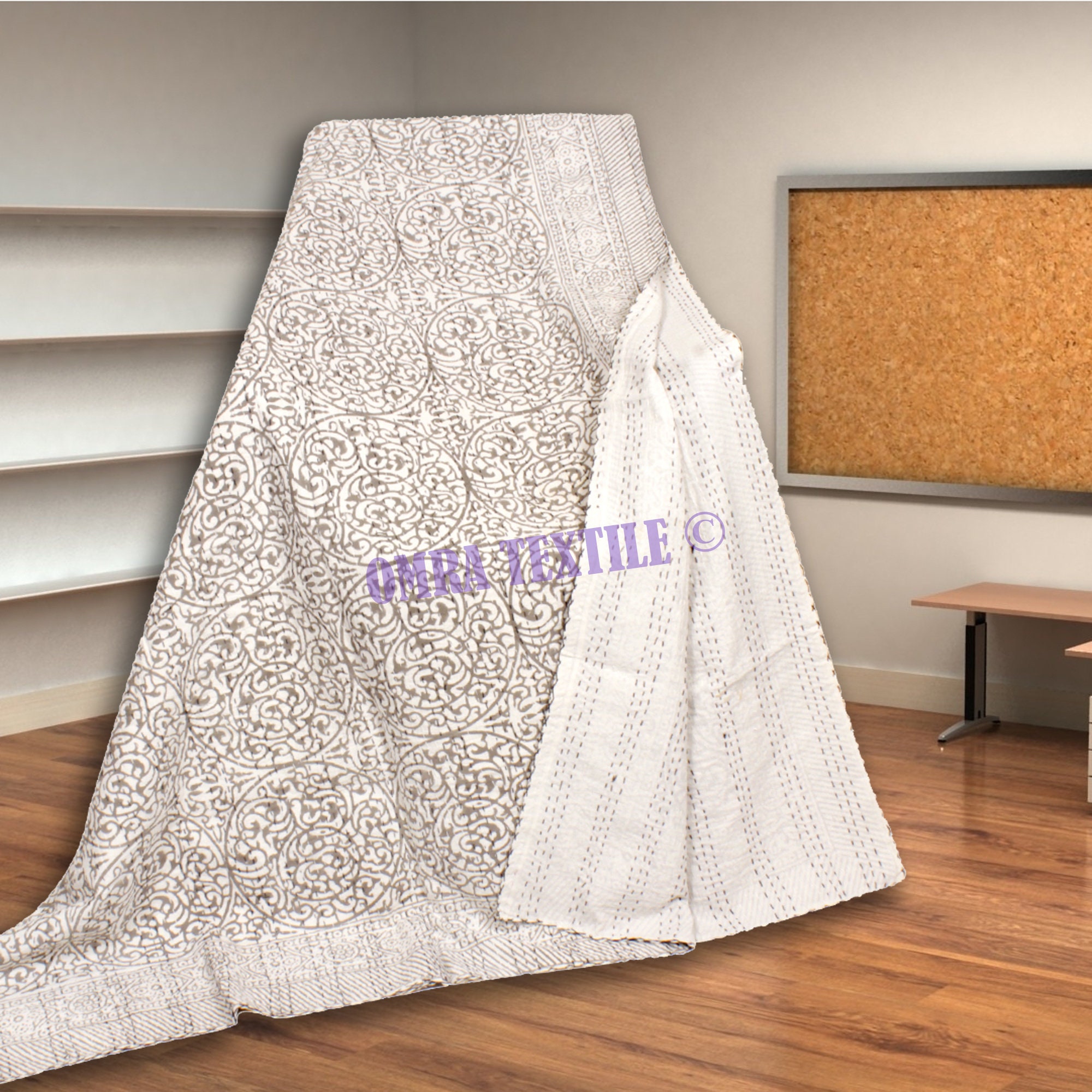 Grey Kantha Quilt Floral Bedspread Kantha Quilt Handmade Etsy