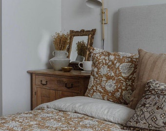 Cotton Bedspread Mustard Floral Kantha Quilt Handmade , Block Print Boho Throw Blanket, Indian Bedding Decor