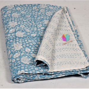 Kantha Quilt, Dusty Blue Floral Block Print Cotton Bedspread, Hand Stitched Lightweight Blanket, Cream Reverse