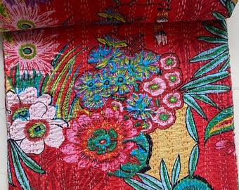 Trapunta indiana Kantha con motivi floreali rossi, copriletto in cotone stampato a blocchi fatto a mano, biancheria da letto colorata in stile boho, coperta artigianale cucita a mano da Jaipur