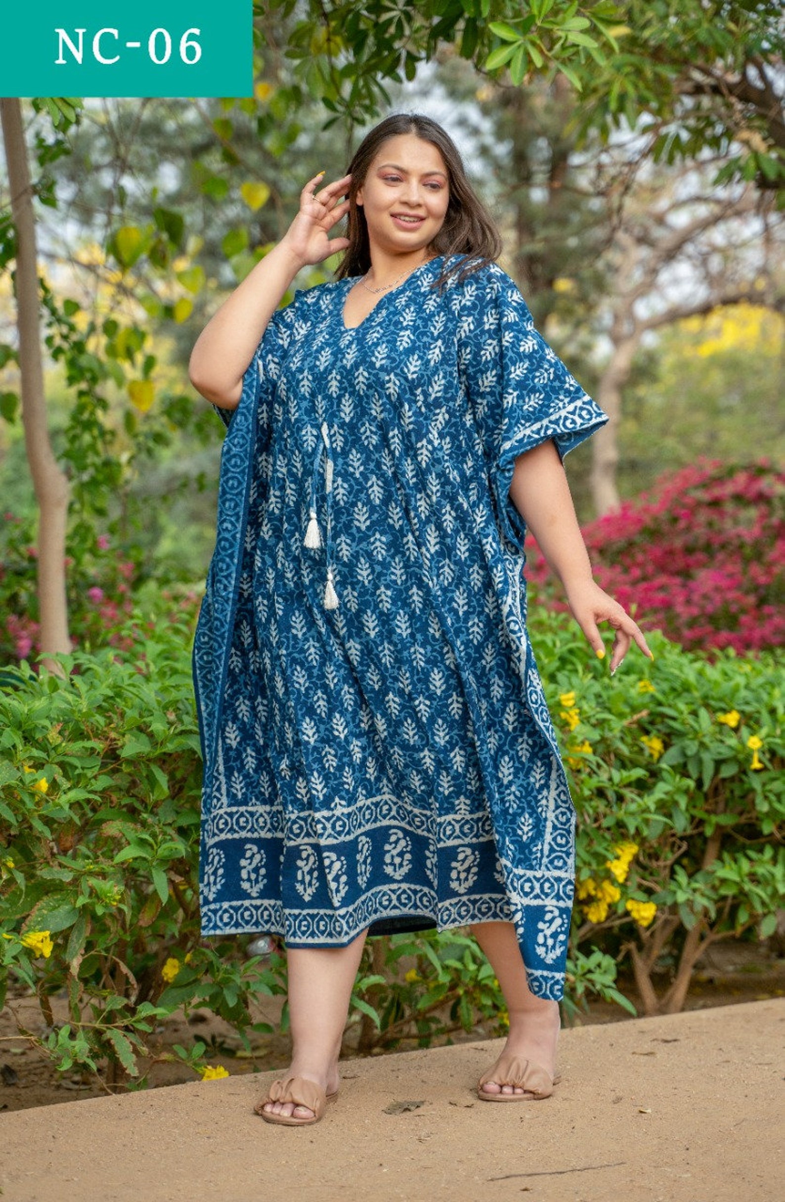 Hand Block Printed Blue Kaftan Indian Cotton Caftan Lounge Etsy