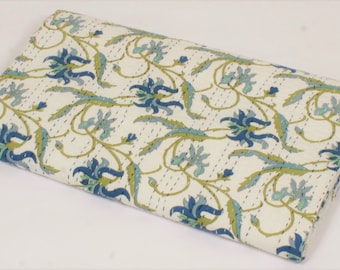 Colcha Kantha Floral Azul, Colcha Kantha Feita à Mão em Algodão com Estampa em Blocos, Manta Boho Indiana, Colcha Reversível