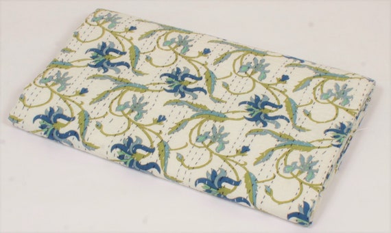 Kantha Quilt Blue Floral Kantha Quilt, Handmade Cotton Block Print Bedspread, Boho Indian Throw Blanket, Reversible Quilt