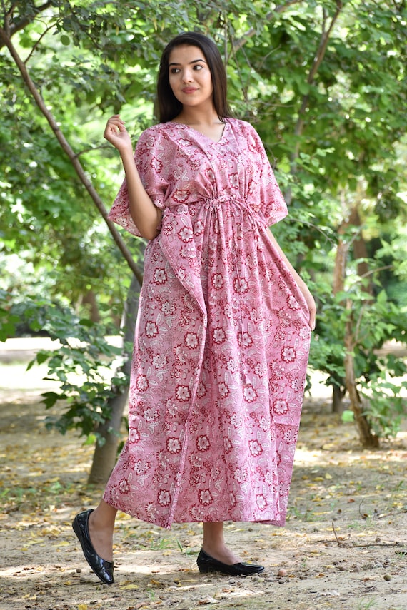 Indian Hand Block Printed Cotton Kaftan Ladies Floral Long Caftan Plus Size  Clothing Indian Tunic Party Wear Dress, Night Used Caftan, Gift, -   Denmark