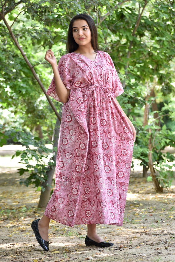 Indian Hand Block Printed Cotton Kaftan Ladies Floral Long Caftan