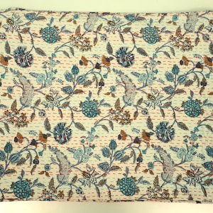 Blue Floral Kantha Quilt – Hand Block Printed Cotton Blanket – Lightweight Reversible Throw – Boho Bedding for Sofa or Bedspread Decor