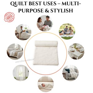 May include: A cream-coloured quilt, rolled and folded, is the central focus, surrounded by images showcasing its versatility. Text at the top reads "QUILT BEST USES - MULTI-PURPOSE & STYLISH." A "MADE IN INDIA" sticker is in the upper left corner.