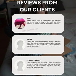 May include: Image displaying customer reviews for a home decor product. The reviews are in white text on a light background, with a pink elephant image. The text reads "REVIEWS FROM OUR CLIENTS" and includes customer comments.
