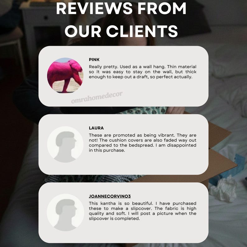 May include: Image displaying customer reviews for a home decor product. The reviews are in white text on a light background, with a pink elephant image. The text reads "REVIEWS FROM OUR CLIENTS" and includes customer comments.