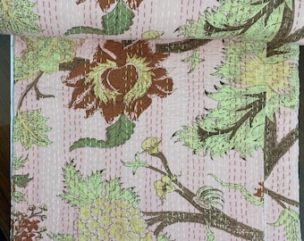 Handmade Brown Floral Kantha Quilt Handmade Cotton Bedspread | Vintage Botanical Block Print Throw Blanket