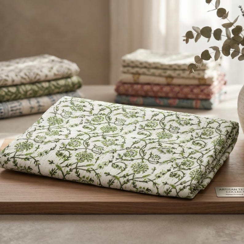 K&ouml;nnte beinhalten: Ein gefaltetes wei&szlig;es Textil mit einem gr&uuml;nen Blumenmuster, m&ouml;glicherweise eine Tischdecke oder ein Platzset, liegt auf einer Holzoberfl&auml;che. Weitere gefaltete Textilien mit &auml;hnlichen Mustern in verschiedenen Farben sind im Hintergrund gestapelt. Das Design zeigt gr&uuml;ne Ranken und florale Elemente.