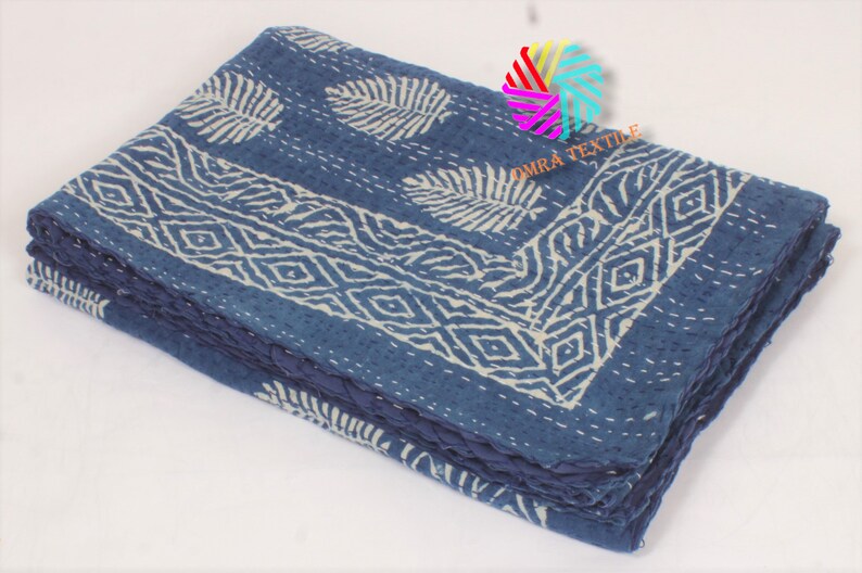 Indian Handmade Blue Indigo Print Kantha Quilt Kantha Quilt Twin & Queen Size 100% Cotton Indigo Kantha Quilt Kantha Blue Quilted Bedspread
