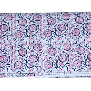 Pink & Blue Handmade Indian Block Print Floral Kantha Quilt – Handmade Cotton Blanket – Block Print Bedspread – Lightweight Boho Throw