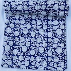 Blue Floral Kantha Quilt: Handmade Indian Cotton Bedding Throw