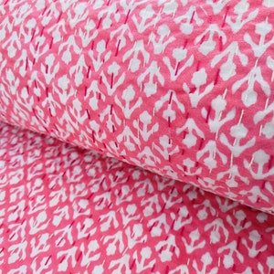 Pink Handmade Block Print Kantha Quilt - Hand Block Print Blanket - Soft Cotton Throw - Indian Bedding - Boho Home Decor - Lightweight Quilt