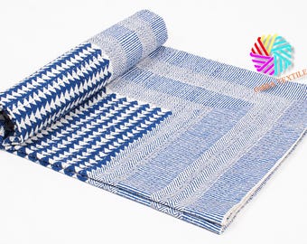 Kantha quilt blue and white, geometric cotton bedspread, hand stitched Indian zigzag blanket, beach boho bedroom bedding