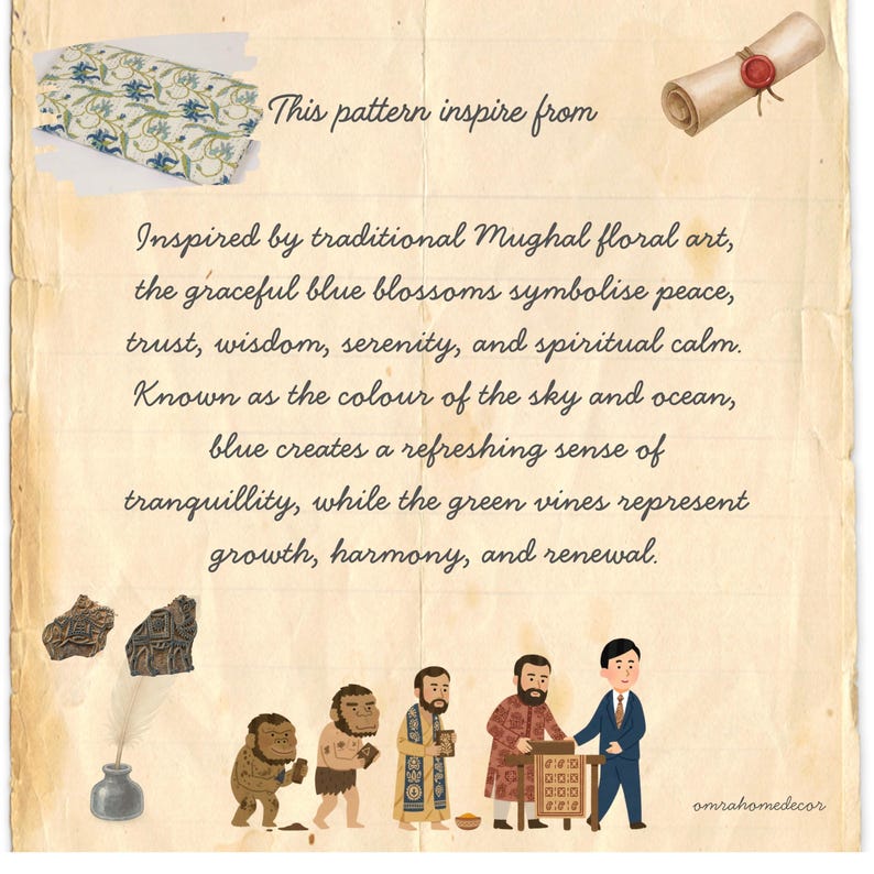 May include: A rectangular document with a vintage paper texture featuring a blue and green floral pattern at the top, a rolled scroll with a red wax seal, and an illustration showing the evolution of printing from primitive tools to modern business.