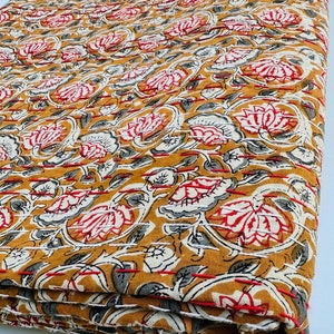 Lotus Indian Print Kantha Quilt – Mustard Red Floral Bedspread – Handmade Indian Cotton Blanket – Boho Vintage Throw – Ethnic Bedding Decor
