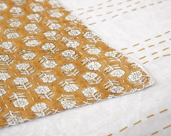 Mustard Floral Block Print Kantha Quilt | Handmade Cotton Bedspread Throw Blanket | Boho Indian Bedding