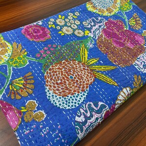 Handmade Kantha Quilt: Blue Floral Block Print Cotton Bedspread