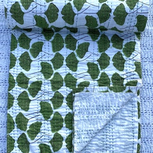 Green Floral Kantha Quilt: Handmade Cotton Throw Blanket