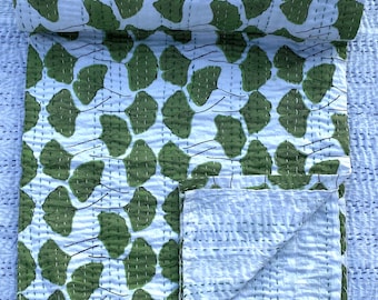 Green Floral Kantha Quilt: Handmade Cotton Throw Blanket