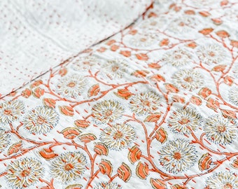 Handmade Cotton Kantha Quilt: Floral Embroidered Bedding