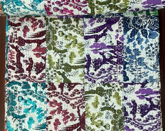 Handmade Patchwork Kantha Quilt Cotton Bedspread, Indian Quilt, Colorful Quilts, Boho Bedding, Queen King Coverlet