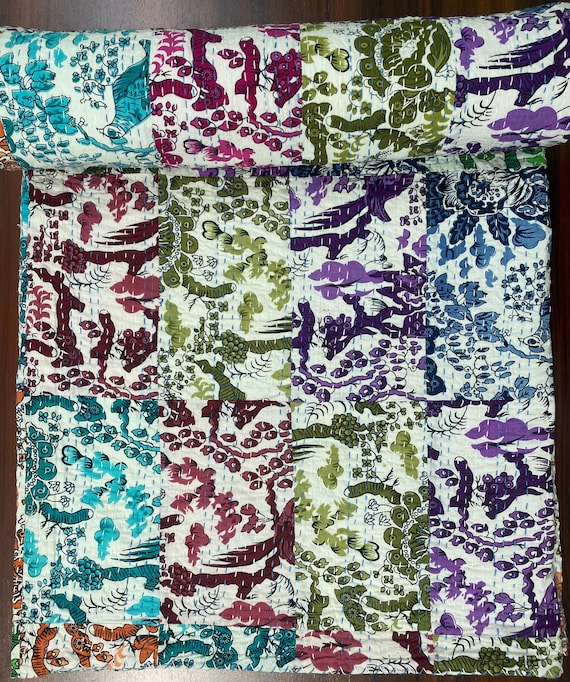 ラリーキルト インド刺繍 カンタ 花柄 パッチワーク マルチカバー