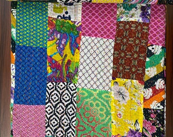Rainbow Handmade Quilt – Colorful Patchwork Cotton Kantha Blanket from India, Boho Bedspread, Vibrant Multicolor Quilt for Home Decor