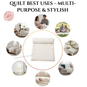 May include: A rolled-up, off-white quilt is the central focus, surrounded by images showcasing its versatility. Text at the top reads "QUILT BEST USES - MULTI-PURPOSE & STYLISH." A "MADE IN INDIA" stamp is visible. The quilt is shown on a bed, sofa, and picnic.