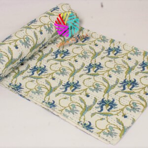 Floral Kantha Quilt: Handmade Indian Cotton Bedding, Bohemian Decor