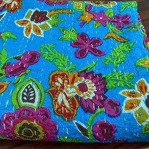 Handmade Blue Floral Indian Hand Print Kantha Quilt | Bright Block Print Bedspread | Indian Cotton Bedding | Reversible Boho Throw Blanket