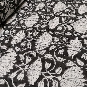 Elegant Floral Night Kantha Quilt** - Handcrafted Bedspread with White Botanical Patterns on Dark Background